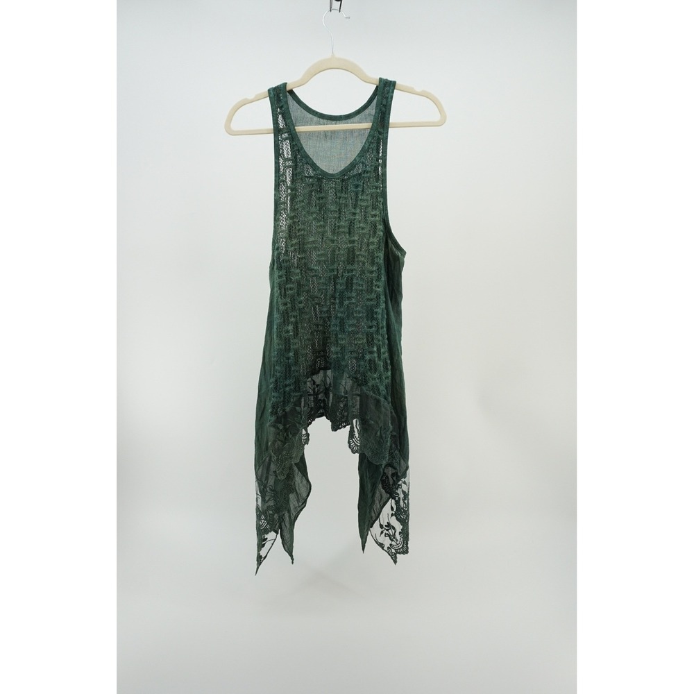 Semi-Sheer Lace asymmetrical Layering Ethereal Tank Top Earthy‎ Fairycore Green